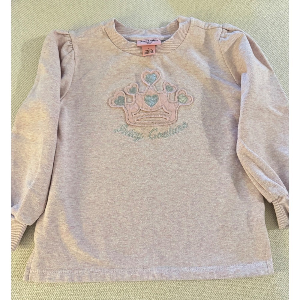 Juicy Couture Kids Pink Crown Heart Glitter Puffed‎ Sleeve Sweatshirt Size 7
